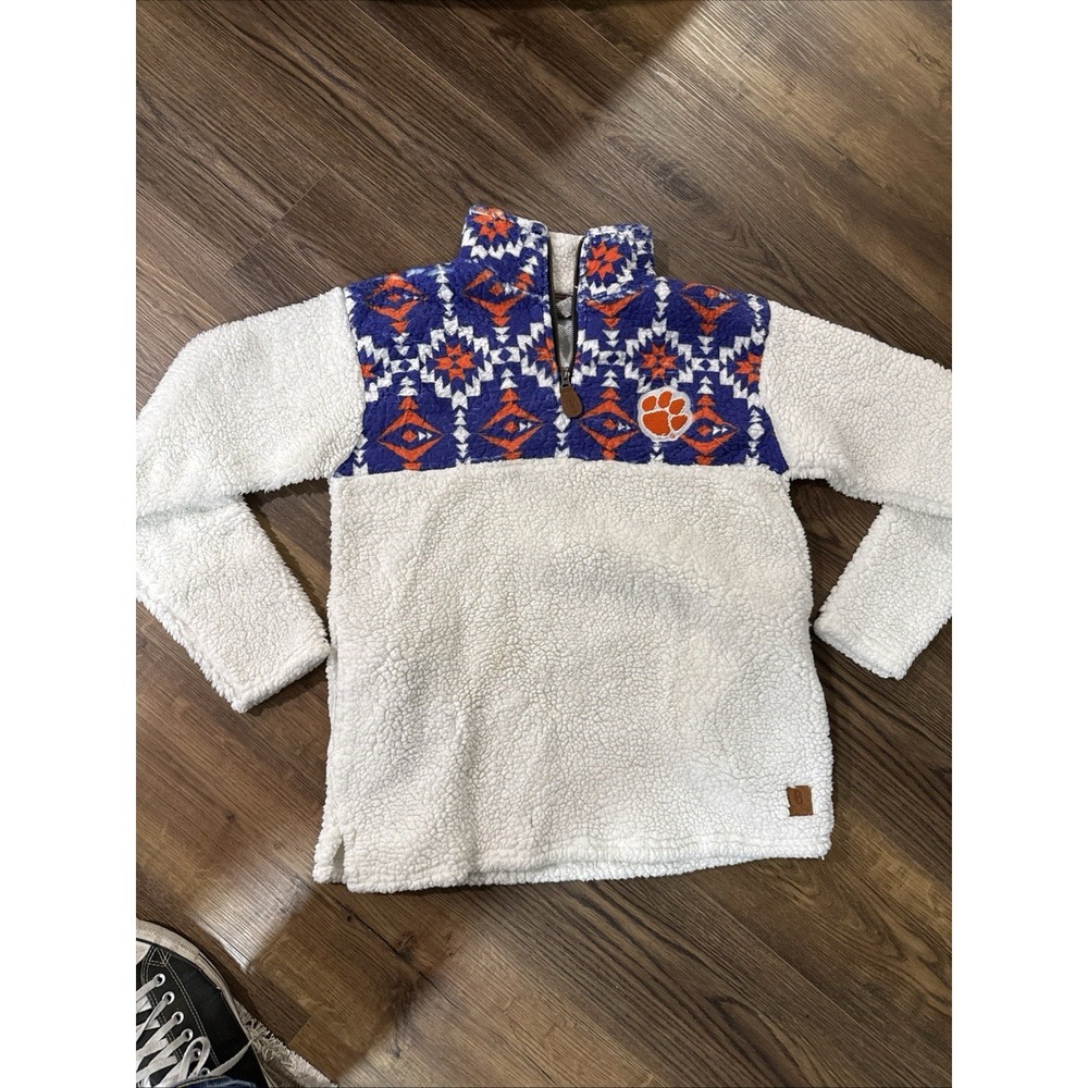 Pressbox Clemson Tigers White 1/4 Zip Sherpa Pullover Sweatshirt‎ Size Medium